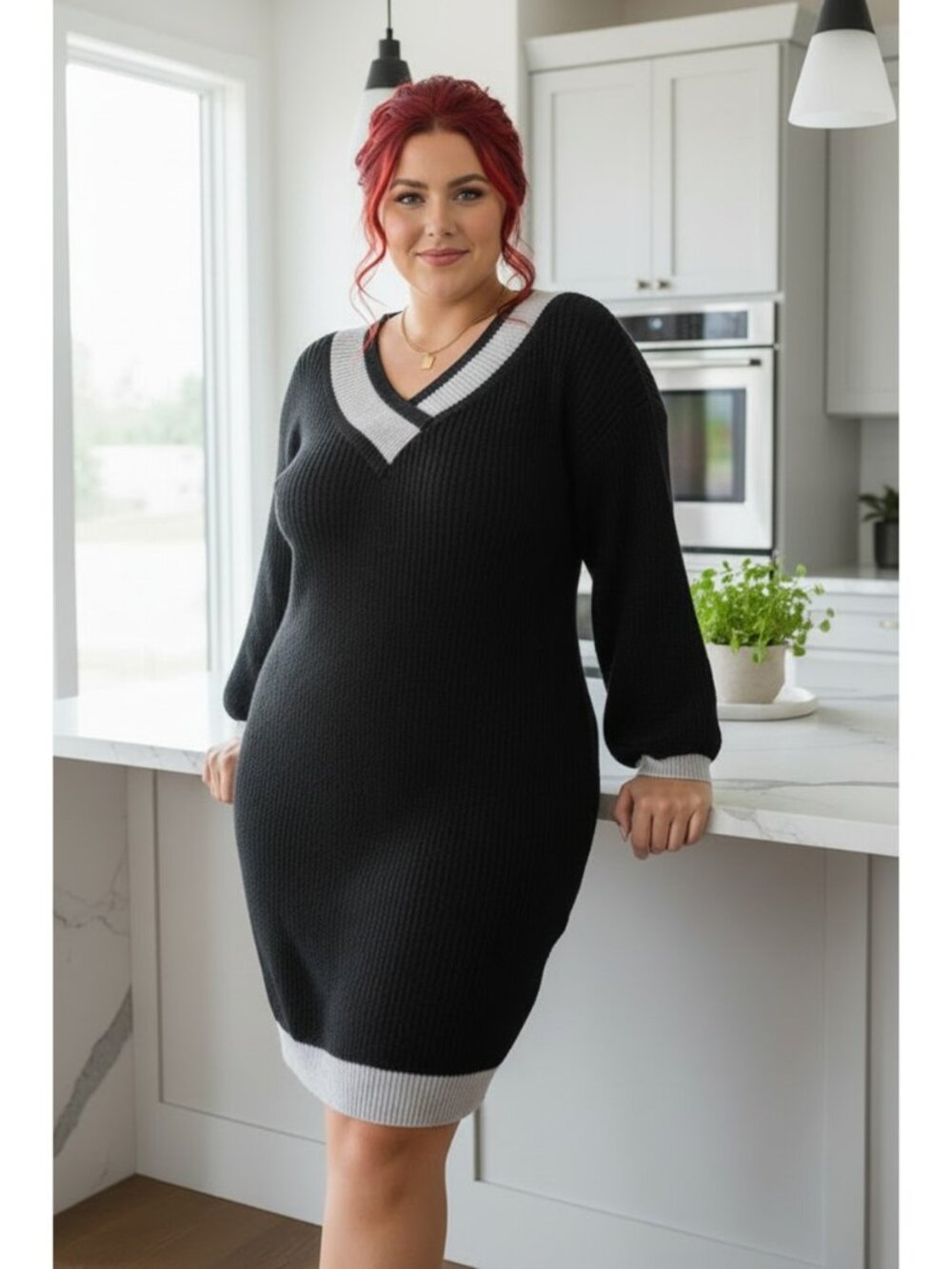 Contrast Varsity Stripe V-Neck Knee Length Knit Mini Plus Size Sweater Dress